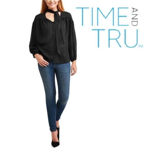 TIME AND TRU Women's Tie Neck‎ Button Down Top Long Sleeve V Neck Blouse - Picture 2 of 9
